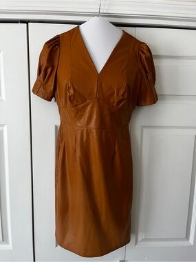 DKNY Cognac Faux-Leather V-Neck Mini Dress